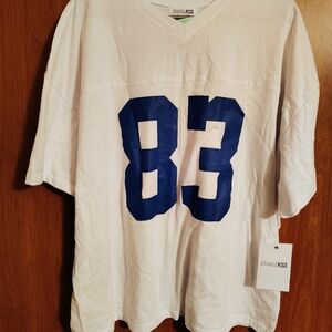 Orange Kiss Women's White Short-Sleeve V-Neck Tee with Blue '83' Print